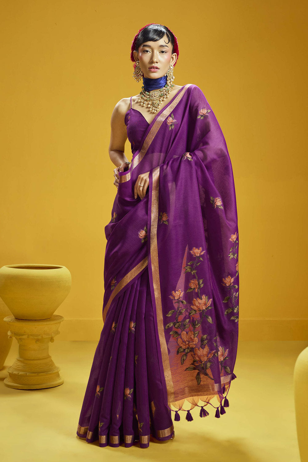 Emilia Purple Munga Print Cotton Handloom Weaving Ready to Wear Saree