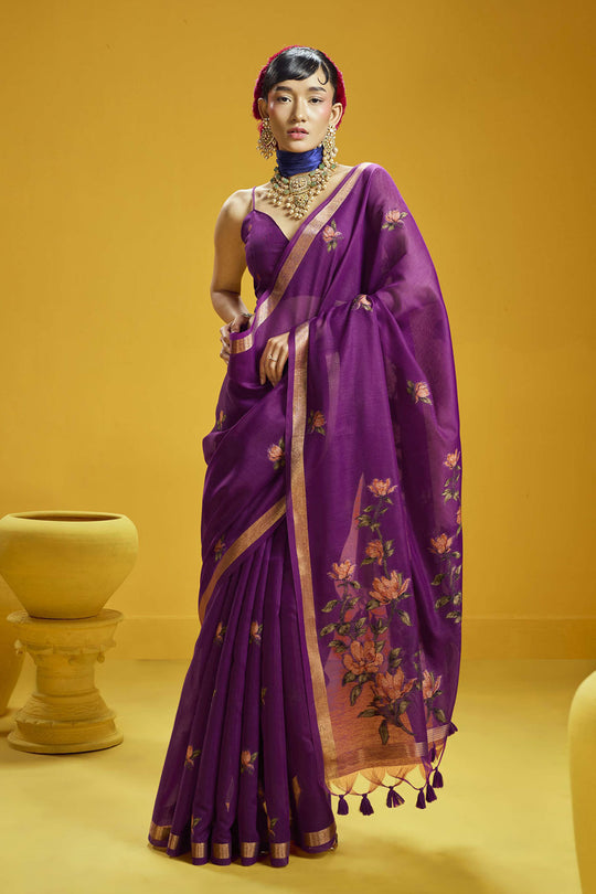 Emilia Purple Munga Print Cotton Handloom Weaving Ready to Wear Saree