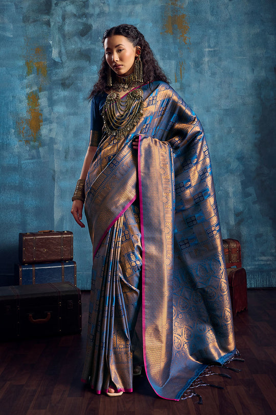 Kiya Steel Blue Handloom Zari Weaving Silk Ready to Wear Saree