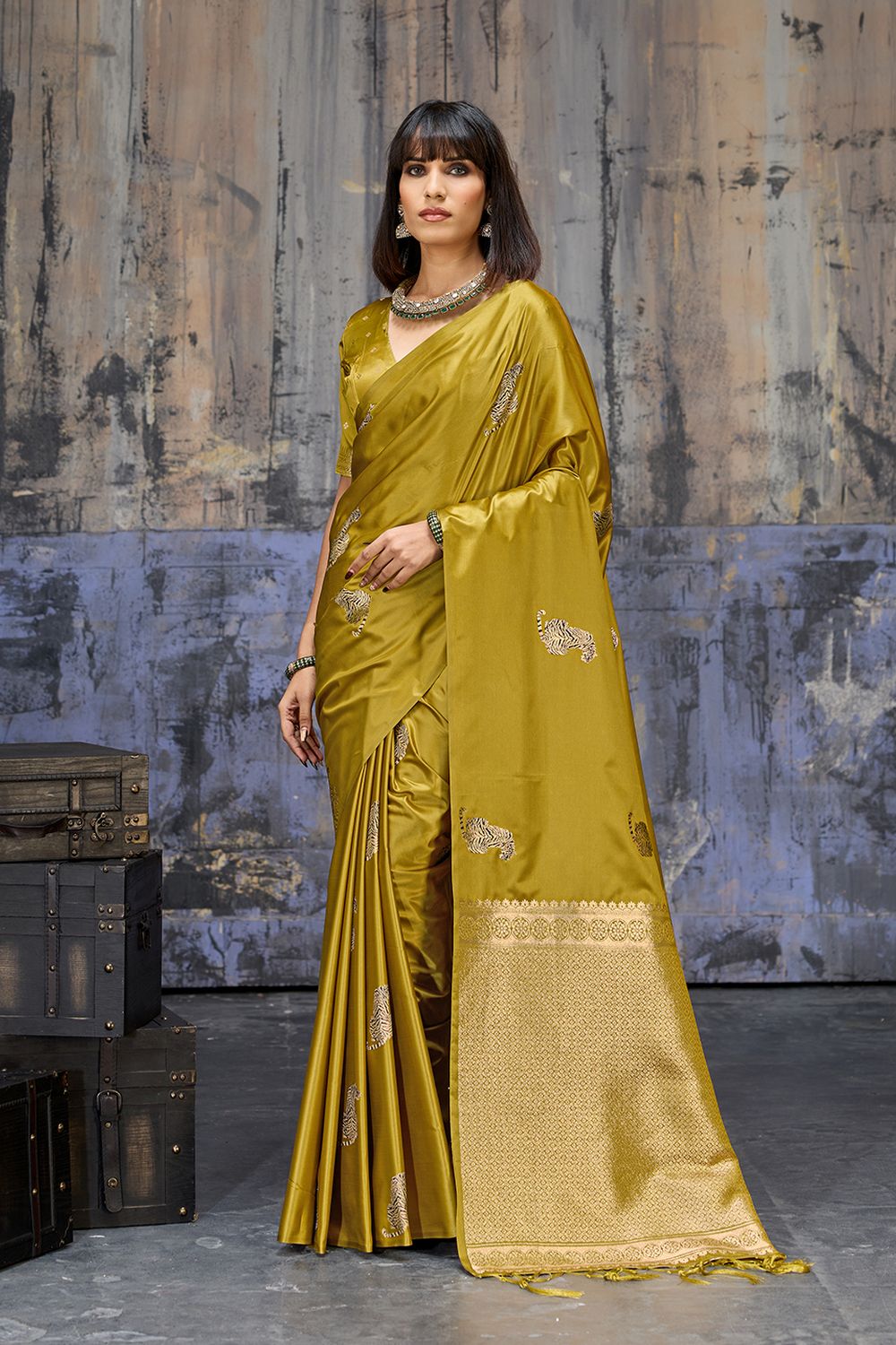 Kimani Mustard Yellow Pure Satin Handloom Weaving Silk Ready to Wear Saree
