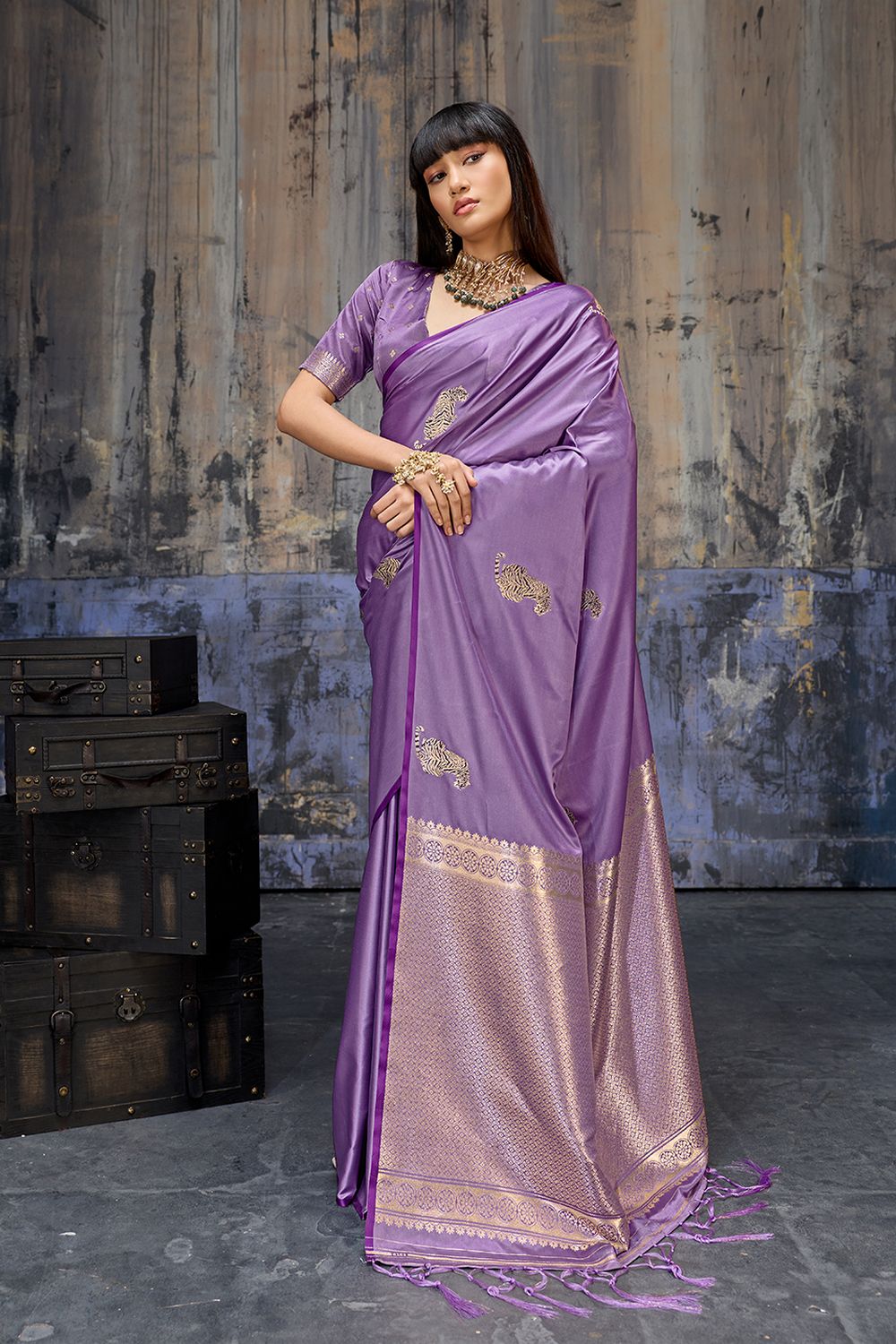 Kimani Lilac Purple Pure Satin Handloom Weaving Silk Ready to Wear Saree