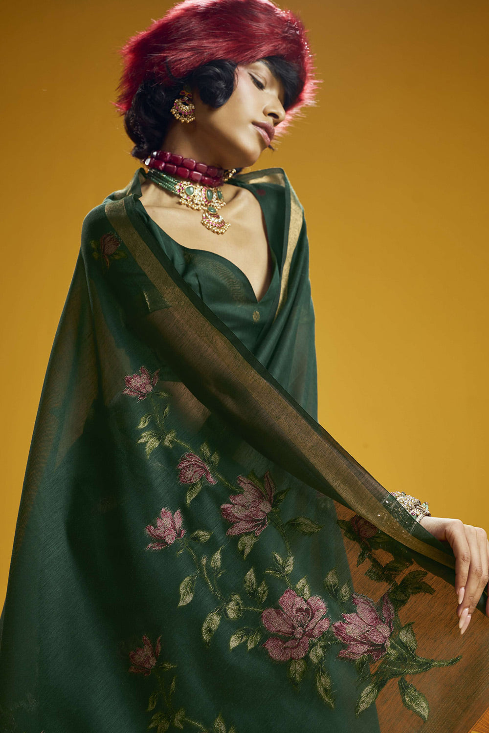 Emilia Dark Green Munga Print Cotton Handloom Weaving Ready to Wear Saree