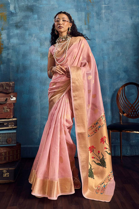 Cleo Blush Pink Paithani Tissue Handloom Weaving Ready to Wear Saree