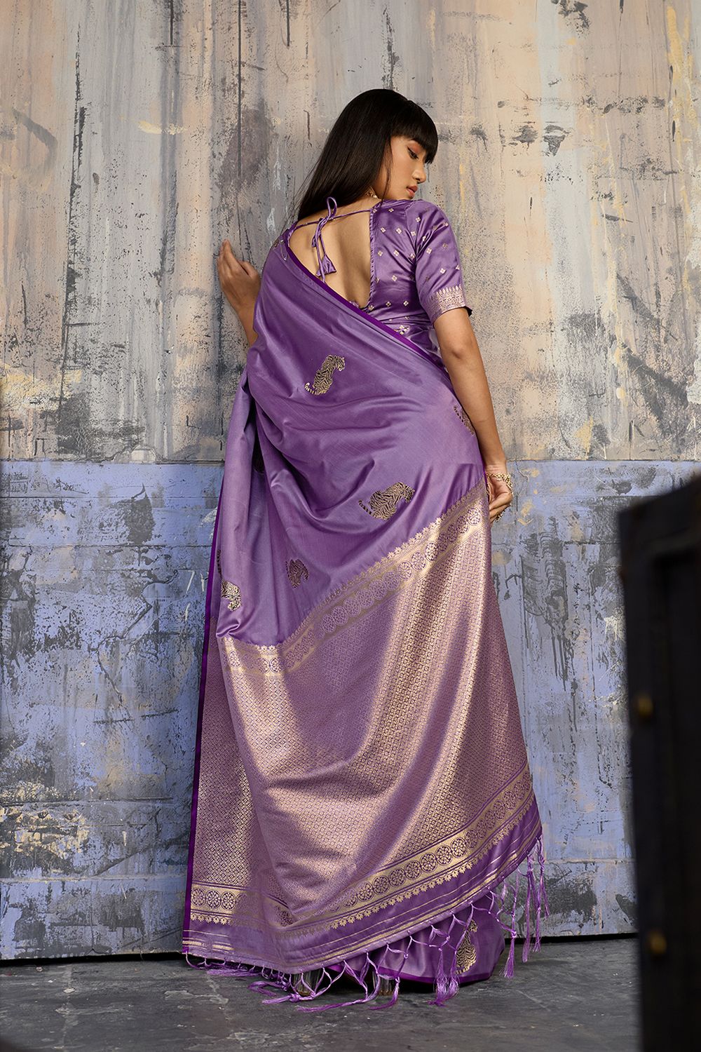 Kimani Lilac Purple Pure Satin Handloom Weaving Silk Ready to Wear Saree