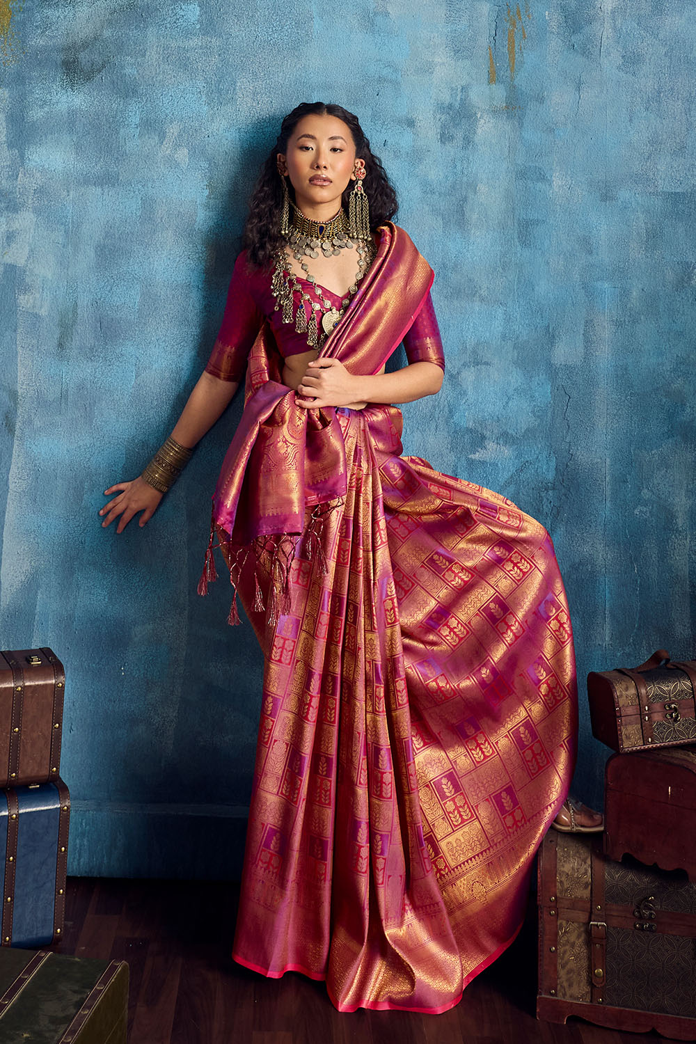 Kiya Rose Pink Handloom Zari Weaving Silk Ready to Wear Saree