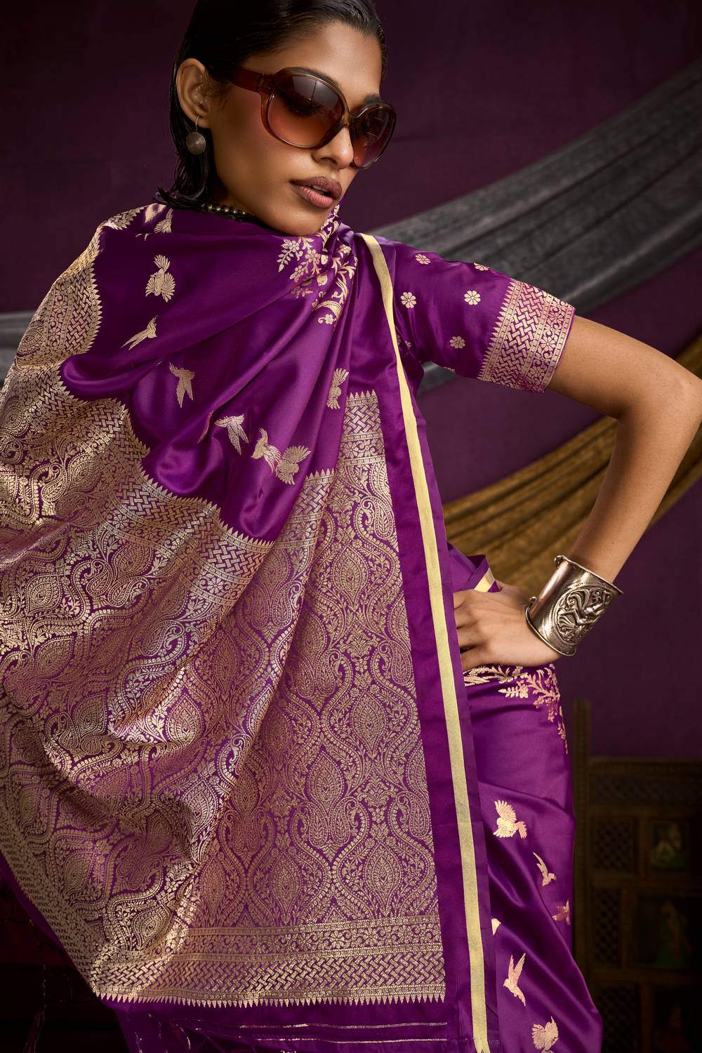 Akari Wine Purple Pure Satin Handloom Weaving Silk Ready to Wear Saree