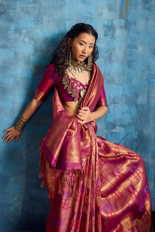 Kiya Rose Pink Handloom Zari Weaving Silk Ready to Wear Saree