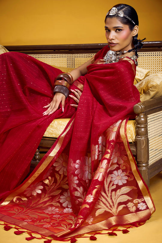Neerja Crimson Red Munga Silk Zari Weaving Ready to Wear One Minute Saree