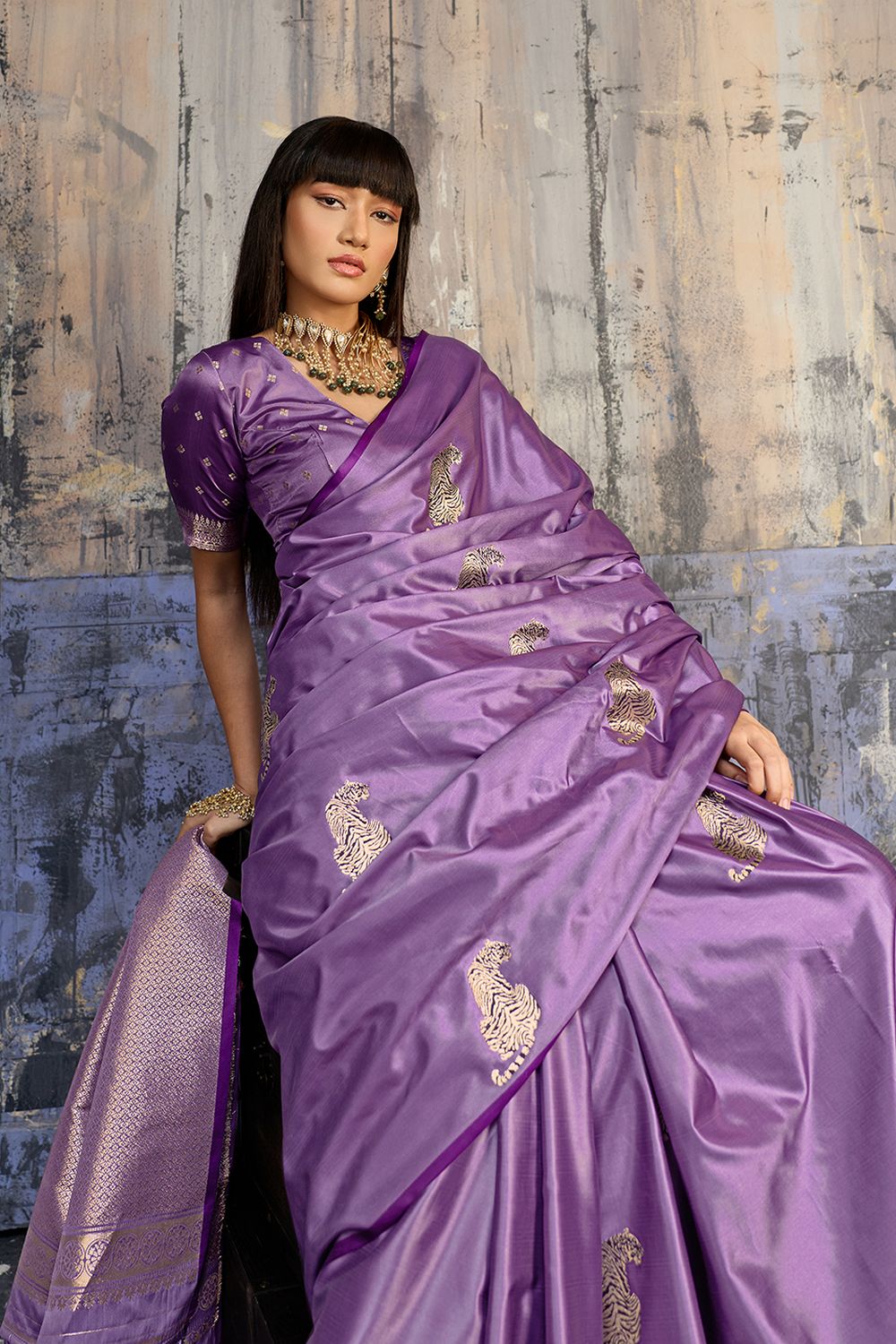 Kimani Lilac Purple Pure Satin Handloom Weaving Silk Ready to Wear Saree