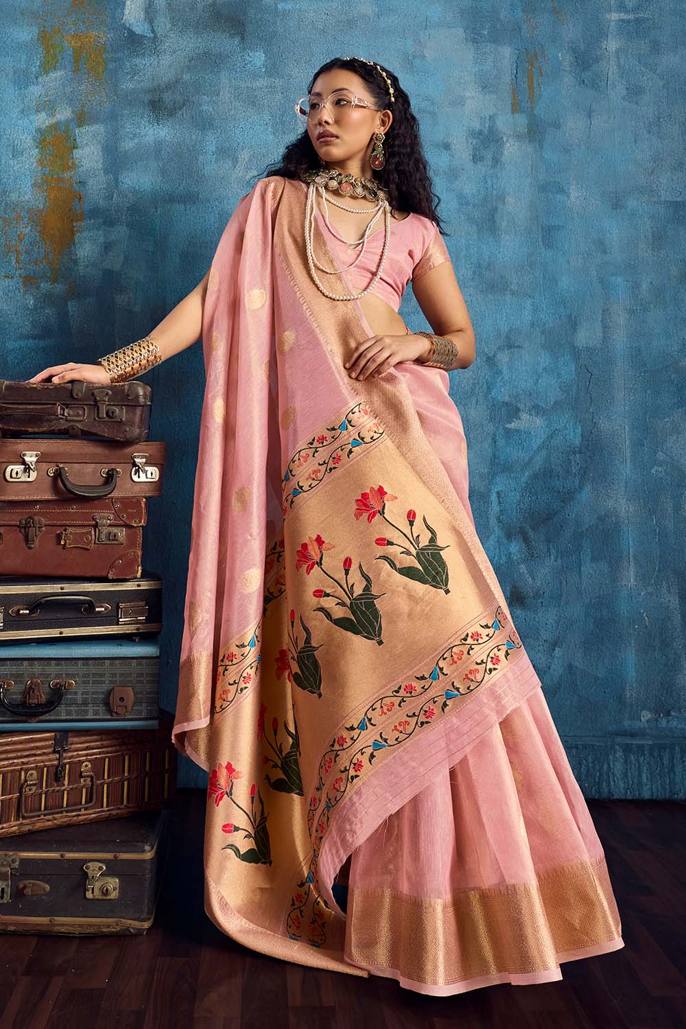 Cleo Blush Pink Paithani Tissue Handloom Weaving Ready to Wear Saree
