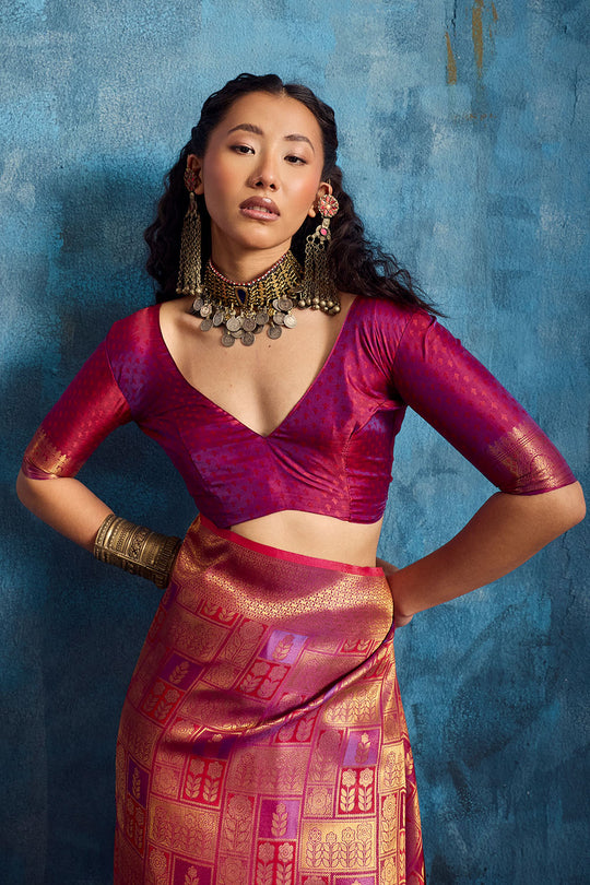 Kiya Rose Pink Handloom Zari Weaving Silk Ready to Wear Saree