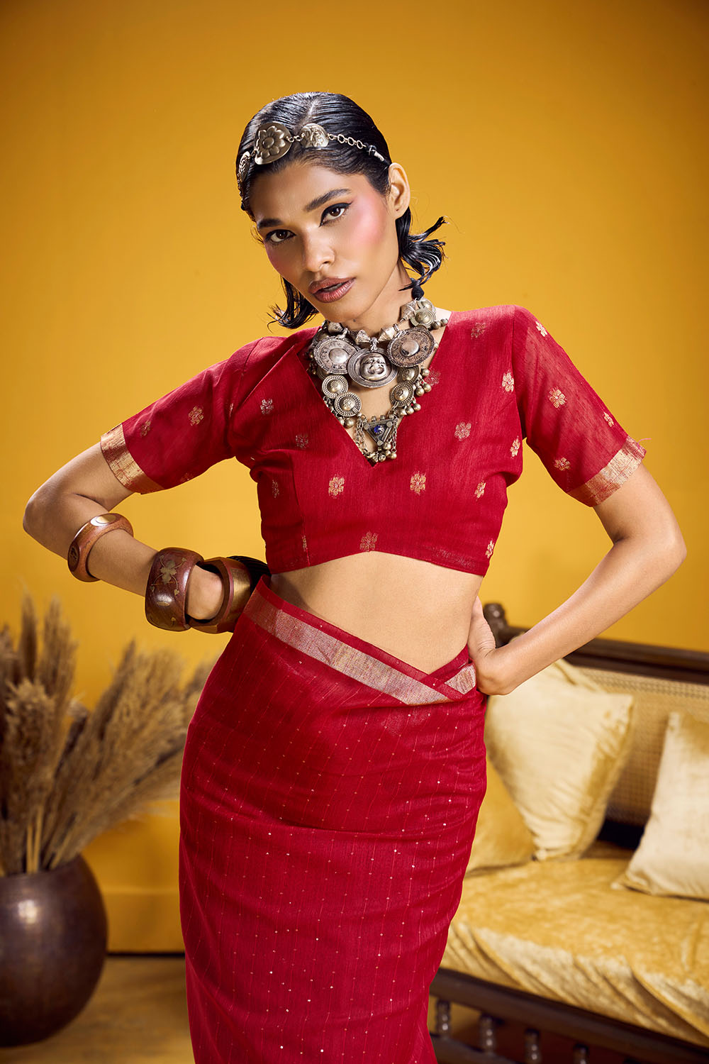 Neerja Crimson Red Munga Silk Zari Weaving Ready to Wear One Minute Saree