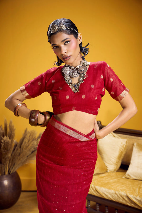 Neerja Crimson Red Munga Silk Zari Weaving Ready to Wear One Minute Saree