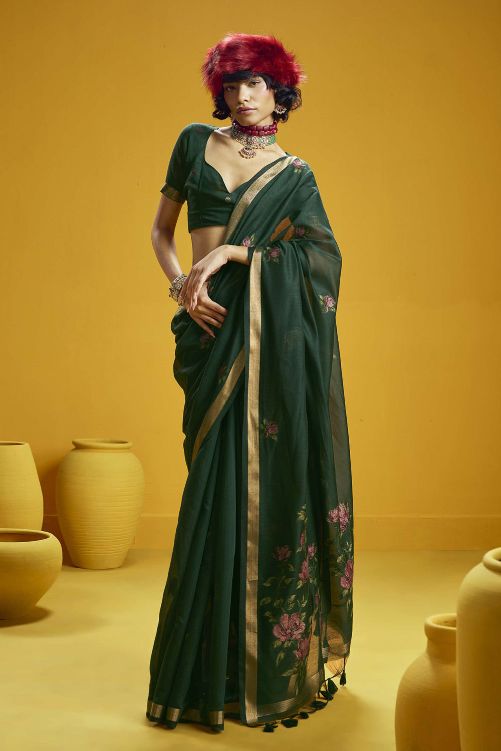 Emilia Dark Green Munga Print Cotton Handloom Weaving Ready to Wear Saree
