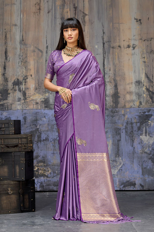 Kimani Lilac Purple Pure Satin Handloom Weaving Silk Ready to Wear Saree