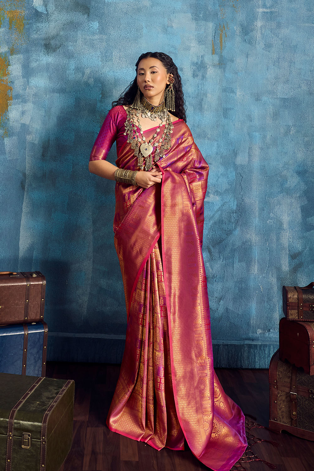 Kiya Rose Pink Handloom Zari Weaving Silk Ready to Wear Saree
