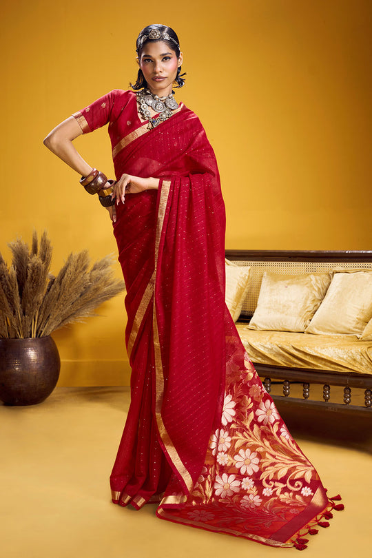 Neerja Crimson Red Munga Silk Zari Weaving Ready to Wear One Minute Saree