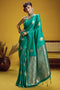 Venu Teal Green Pure Satin Handloom Woven Silk Ready to Wear Saree