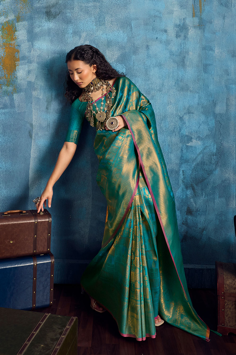 Kiya Sea Green Handloom Zari Weaving Silk Ready to Wear Saree