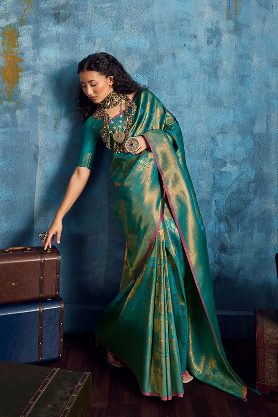 Kiya Sea Green Handloom Zari Weaving Silk Ready to Wear Saree