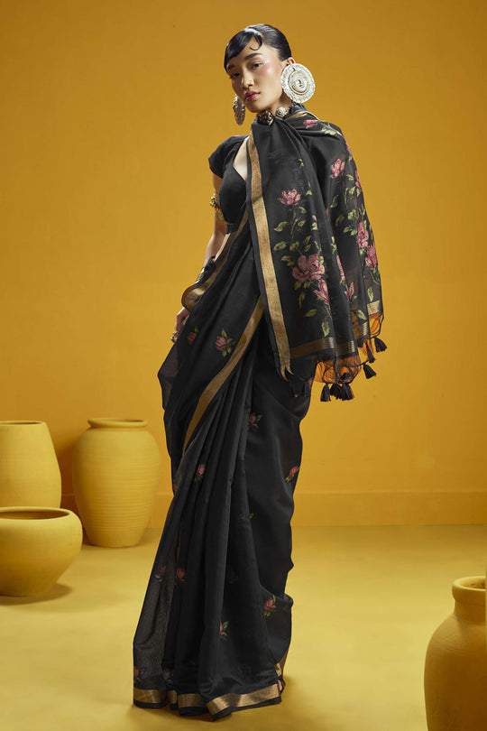 Emilia Black Munga Print Cotton Handloom Weaving Ready to Wear Saree