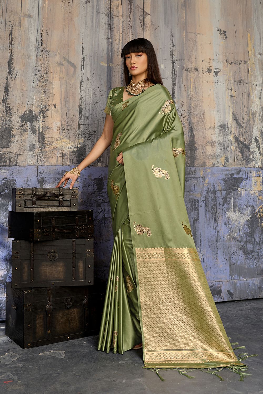 Kimani Pistachio Green Pure Satin Handloom Weaving Silk Ready to Wear Saree