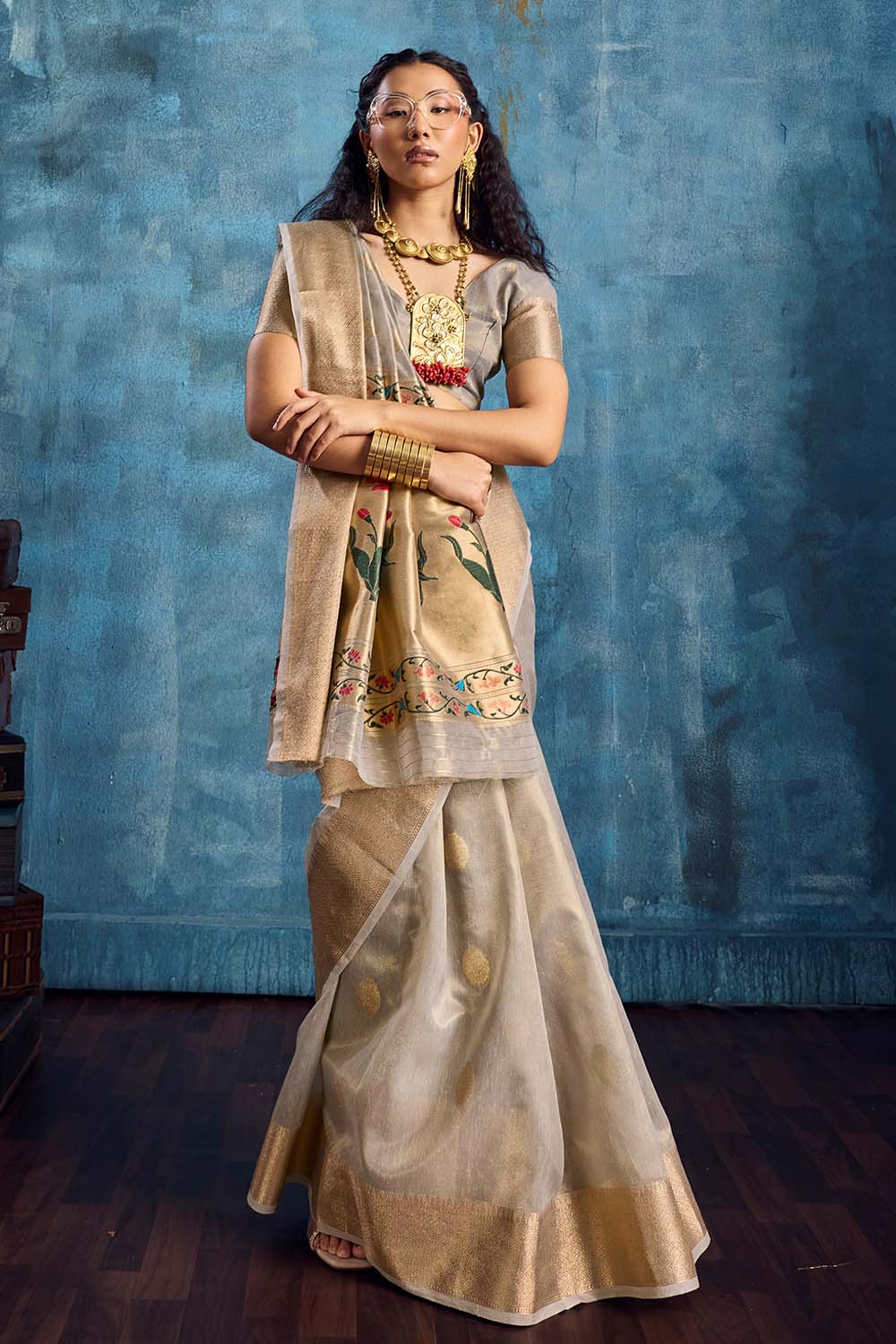 Cleo Grey Paithani Tissue Handloom Weaving Ready to Wear Saree