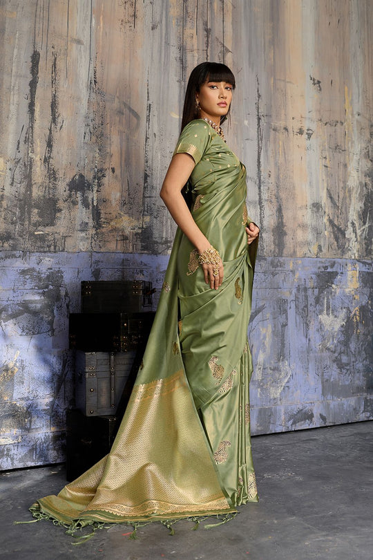 Kimani Pistachio Green Pure Satin Handloom Weaving Silk Ready to Wear Saree
