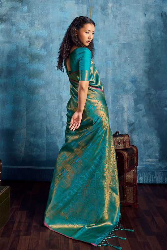 Kiya Sea Green Handloom Zari Weaving Silk Ready to Wear Saree