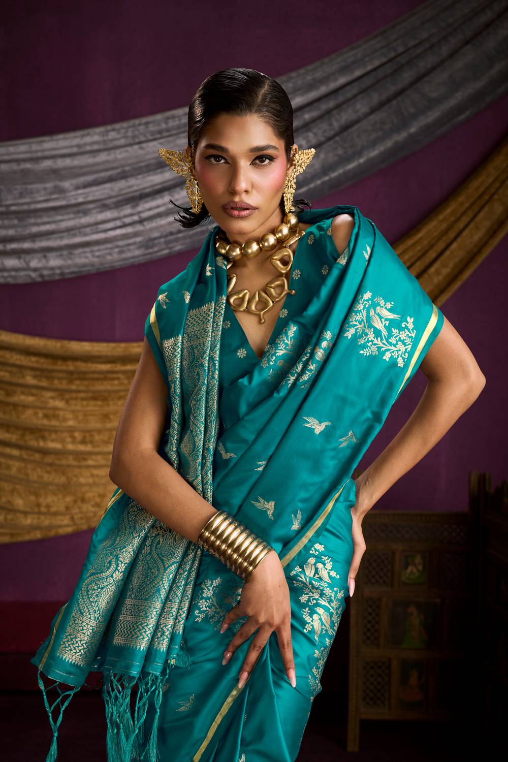 Akari Teal Blue Pure Satin Handloom Weaving Silk Ready to Wear Saree