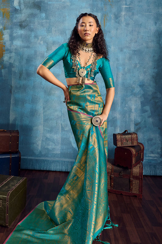 Kiya Sea Green Handloom Zari Weaving Silk Ready to Wear Saree