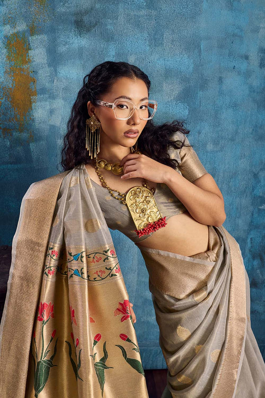 Cleo Grey Paithani Tissue Handloom Weaving Ready to Wear Saree