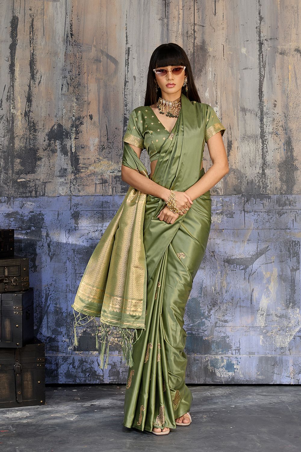 Kimani Pistachio Green Pure Satin Handloom Weaving Silk Ready to Wear Saree
