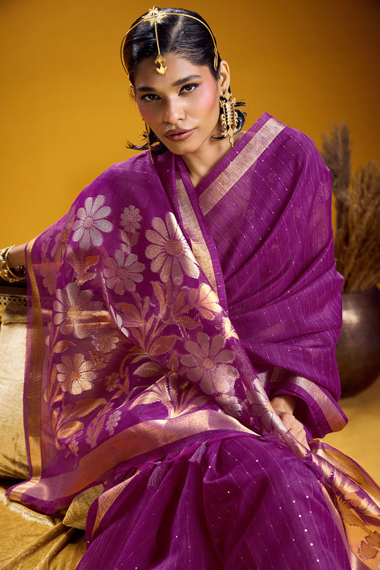 Neerja Purple Munga Silk Zari Weaving Ready to Wear One Minute Saree