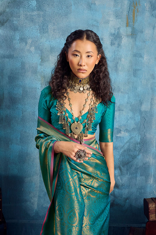 Kiya Sea Green Handloom Zari Weaving Silk Ready to Wear Saree