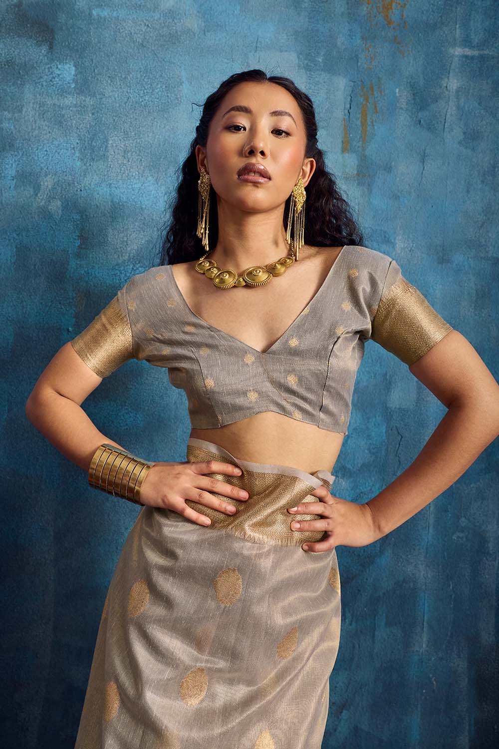 Cleo Grey Paithani Tissue Handloom Weaving Ready to Wear Saree