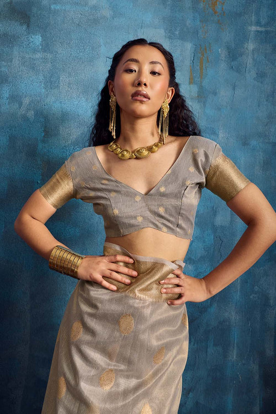 Cleo Grey Paithani Tissue Handloom Weaving Ready to Wear Saree