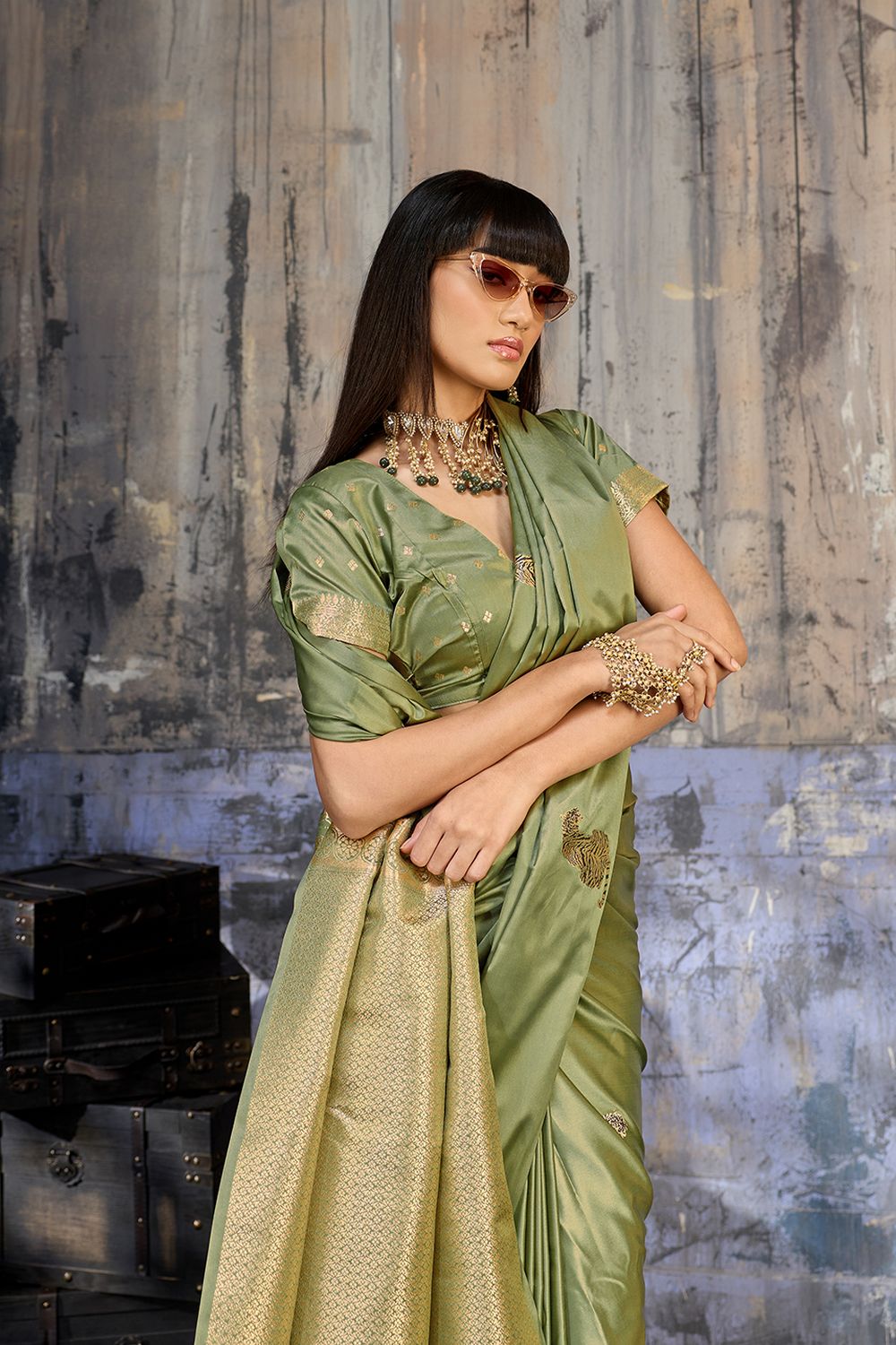 Kimani Pistachio Green Pure Satin Handloom Weaving Silk Ready to Wear Saree