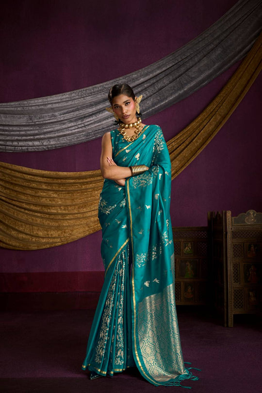 Akari Teal Blue Pure Satin Handloom Weaving Silk Ready to Wear Saree