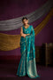 Akari Teal Blue Pure Satin Handloom Weaving Silk Ready to Wear Saree