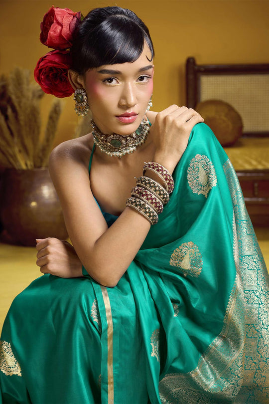Venu Teal Green Pure Satin Handloom Woven Silk Ready to Wear Saree