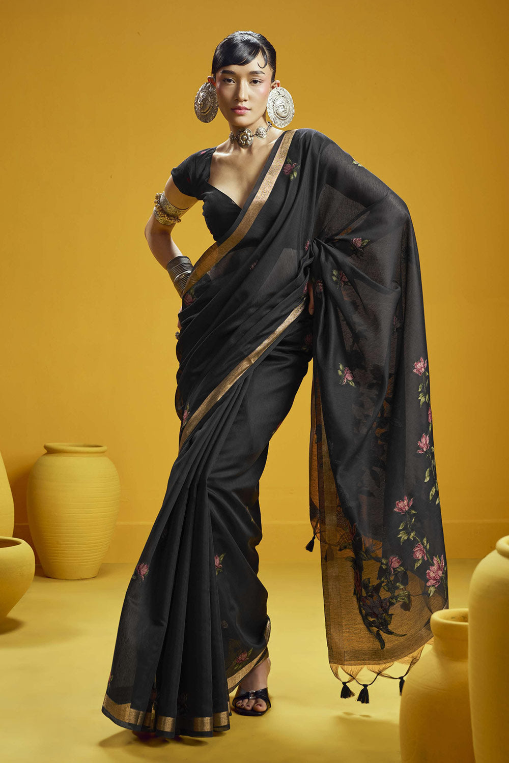 Emilia Black Munga Print Cotton Handloom Weaving Ready to Wear Saree