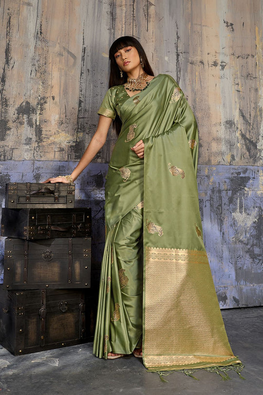Kimani Pistachio Green Pure Satin Handloom Weaving Silk Ready to Wear Saree