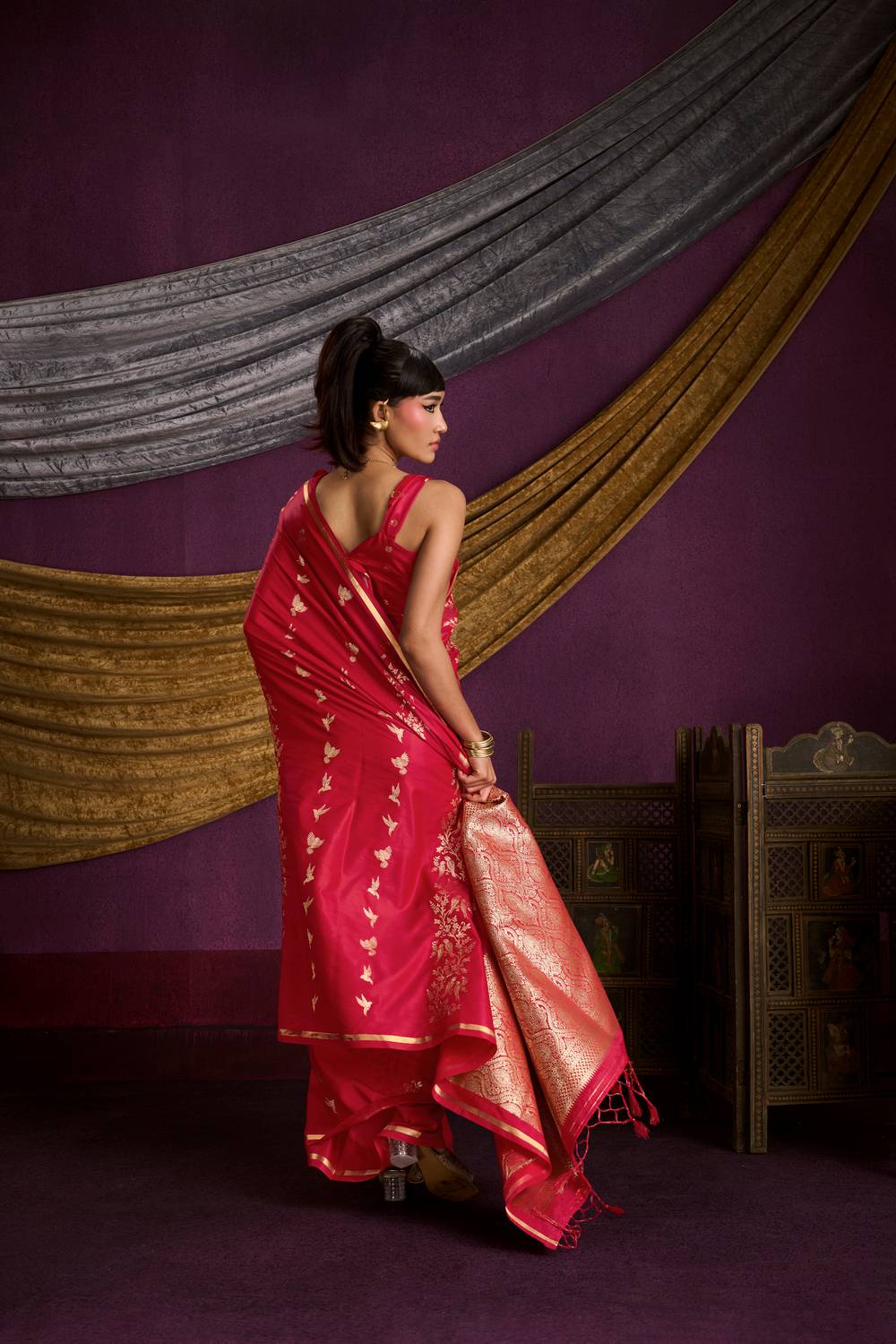 Akari Crimson Red Pure Satin Handloom Weaving Silk Ready to Wear Saree