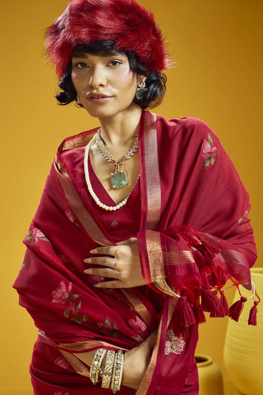 Emilia Red Munga Print Cotton Handloom Weaving Ready to Wear Saree