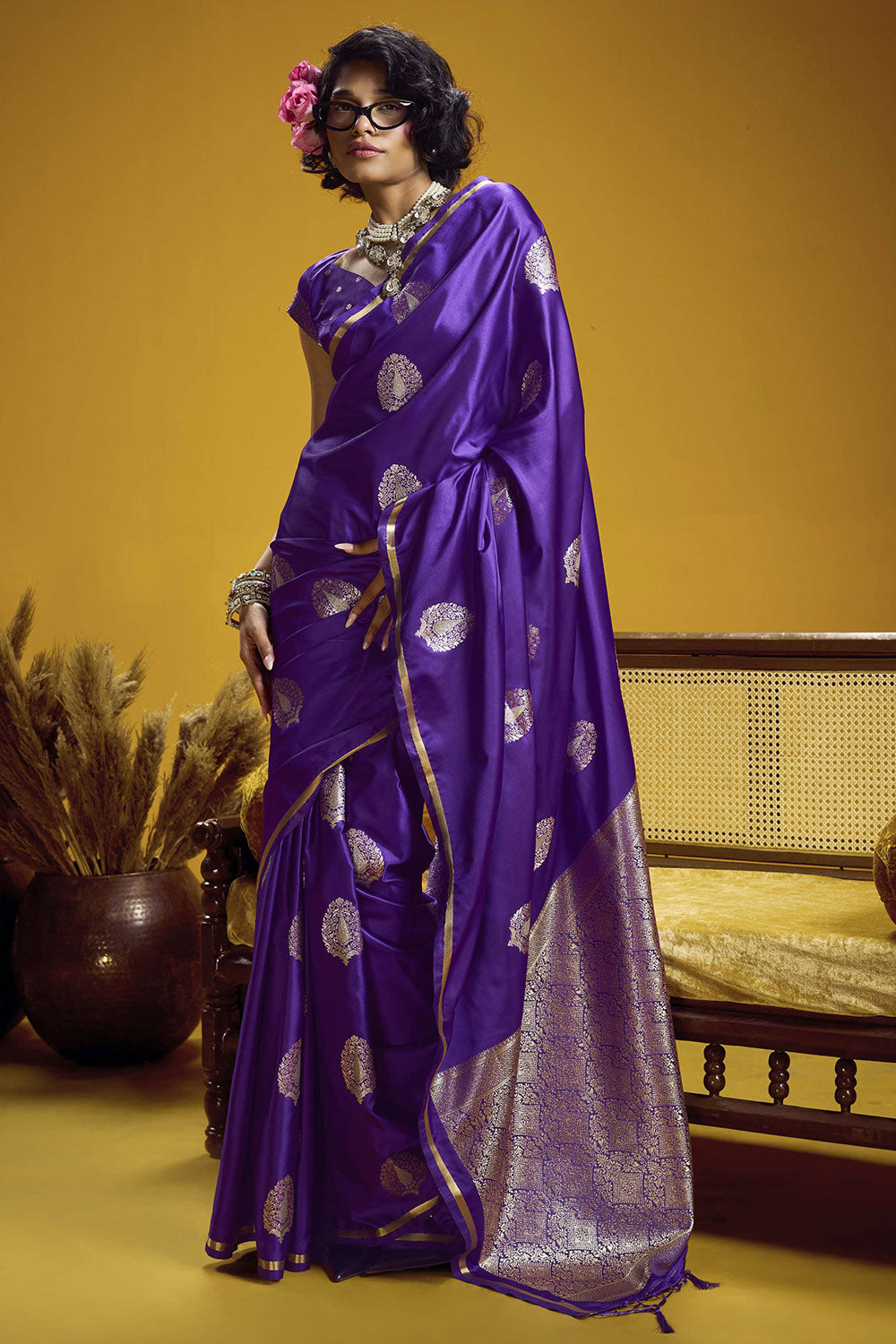 Venu Royal Blue Pure Satin Handloom Woven Silk Ready to Wear Saree