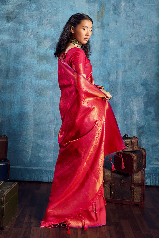 Kiya Red Handloom Zari Weaving Silk Ready to Wear Saree