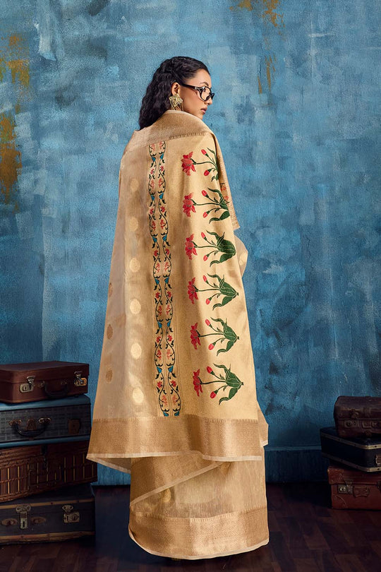 Cleo Beige Paithani Tissue Handloom Weaving Ready to Wear Saree