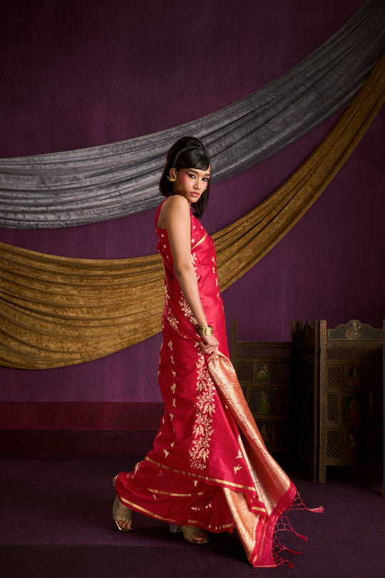 Akari Crimson Red Pure Satin Handloom Weaving Silk Ready to Wear Saree