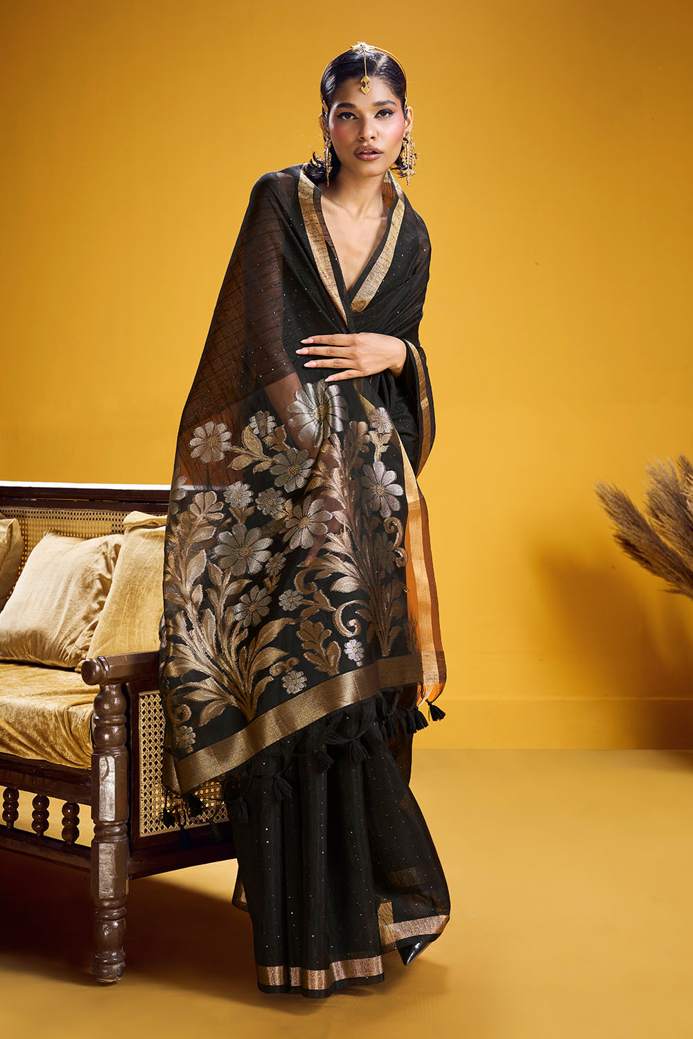 Neerja Elegant Black Munga Silk Zari Weaving Ready to Wear One Minute Saree